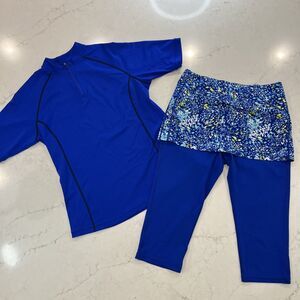 Coolibar Shorebreak Skirted Swim Capris SS 1/4 Zip Rachguard Set Size L Blue